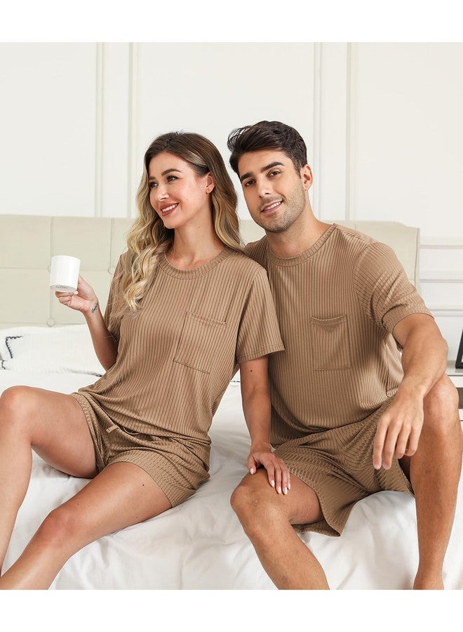 EISHOPEER Knit Matching Pajamas Sets Couple Drawstring Nightwear Short Sleeve Sleepwear 2 Pieces Loungewear with Shorts Khaki Large - Image 4